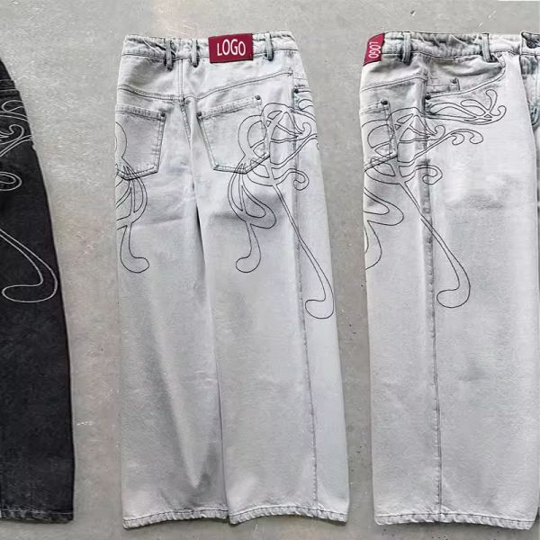 High Quality Denim Jeans Pants Wash Rhinestone Embroidered Patch Ripped Style Streetwear Wide Leg Flared Stacked Denim Jeans