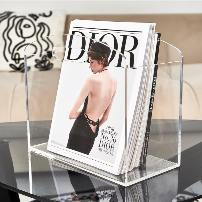 Clear Acrylic Magazine Holder Newspaper Stand with Handles Modern Lucite Basket for Bathroom Bedroom Living Room Office Display
