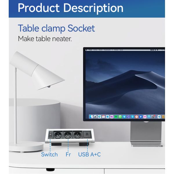 40mm Desk Clamp On Power Outlet Strip USB C SAA Certificated
