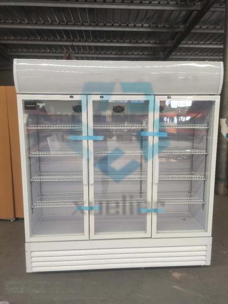 Commercial three-door upright glass beverage display freezer