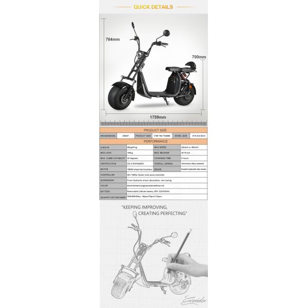 60V 12ah/20ah Two Wheels Electric Scooter EcoRider ES057 Citycoco 6-8 Hours Charging Time