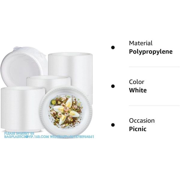 White Plastic Plates, 9 Inch 3 Compartments 150 Pack Food Grade Material BPA Free Reusable Dinner Plates