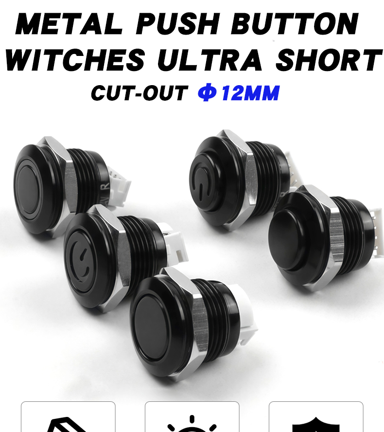12mm  Oxidized Black Ultra-Short Quality Push Button Switch Factory With 3V6V12V24V Self-resetting