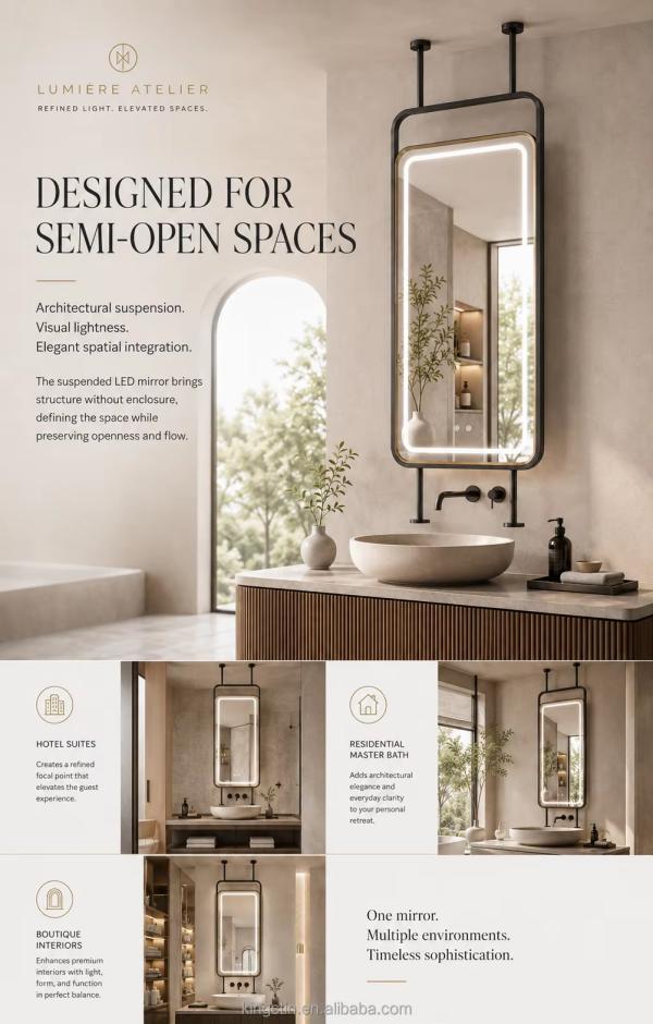 Kingstin Stainless Steel Suspended LED Bathroom Mirror for Semi-Open Vanities, 3 Color Temperature, Anti-Fog, Custom Rods