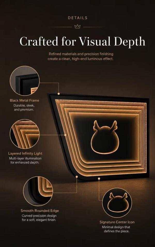 Kingstin Custom Black Metal Infinity LED Mirror Wall Art for Hotel Lobbies, Clubs & Lounges, 8+ Years OEM Project Support