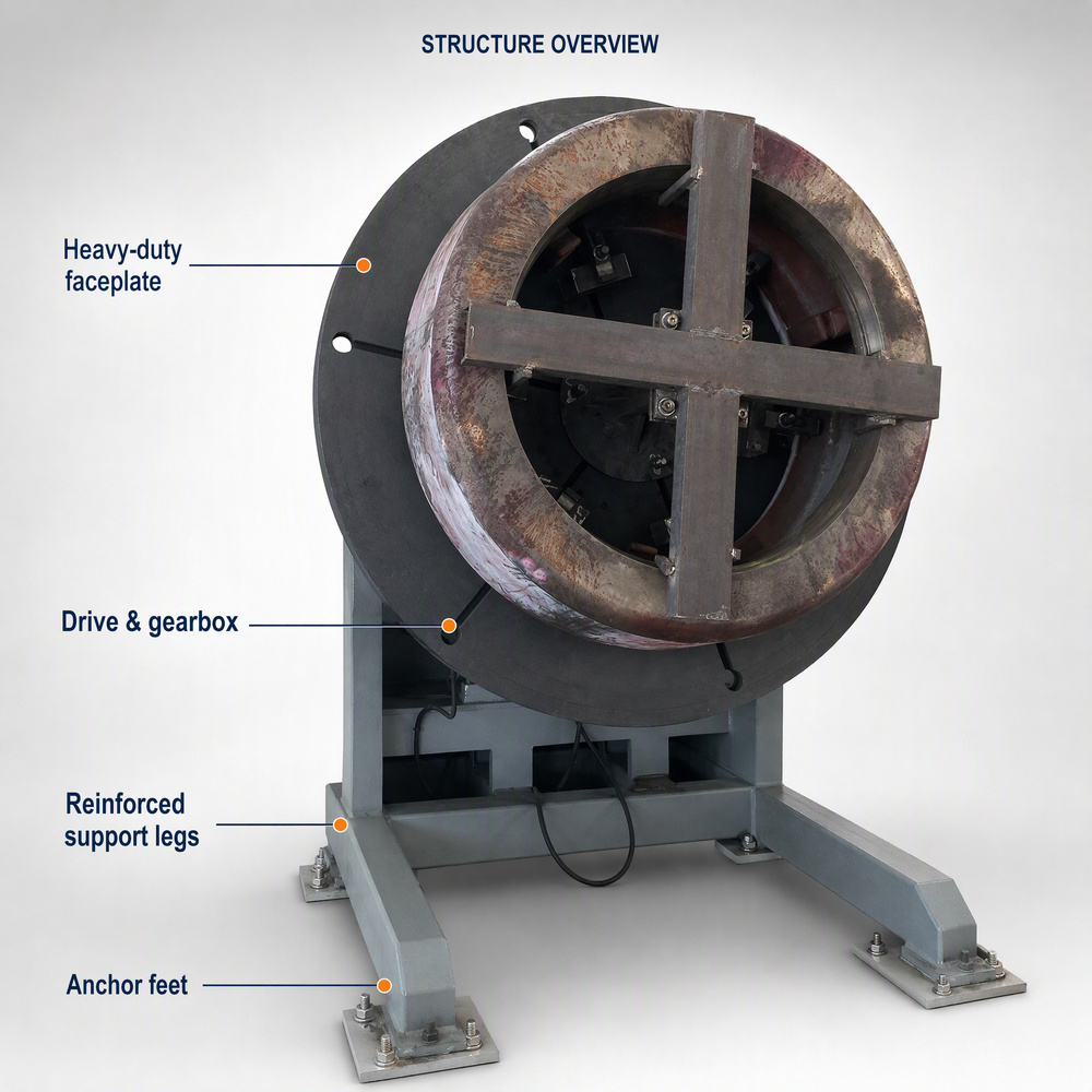 Welding Positioner Structure Overview | Heavy-Duty Faceplate, Reinforced Support Legs & Anchor Feet for Heavy Load Overlay Welding