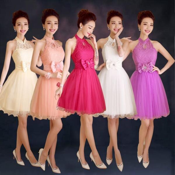 New Short Halter Champagne Purple Bridesmaid Dress Bride Strapless Lace Rose Dress