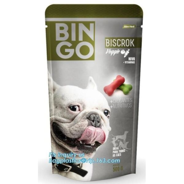 Stand Up Dog Food Feed Packaging Bag With Tear Off Slider Seal, Top Slider Zip lockk Plastic Dog Treats Plastic Packaging