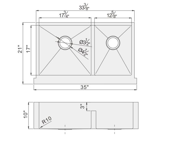 All In One Double Bowl Stainless Steel Sink 35''X21''X10'' External Size