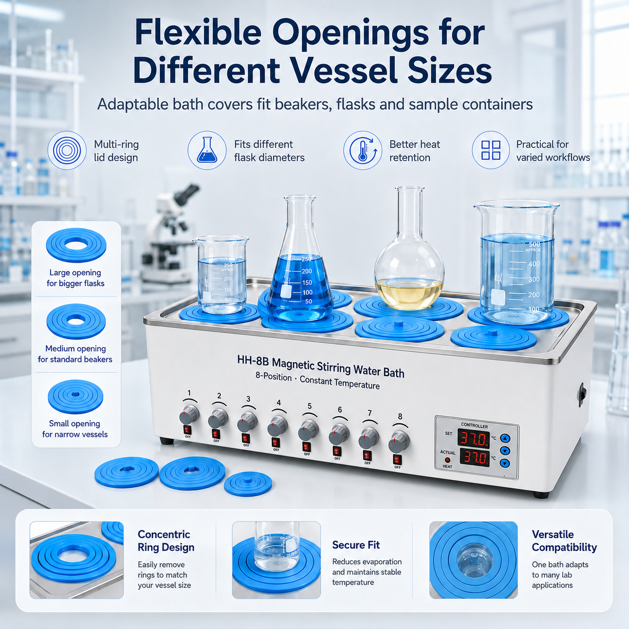 Cenlee OEM 8-Position Magnetic Stirring Water Bath 100°C 1500W for Laboratory Sample Mixing Chemical Research