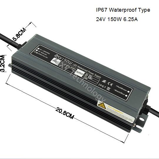 Strip Light LED Drivers Power Supply 50Hz / 60Hz 24V 150W 6.25A IP67 Waterproof