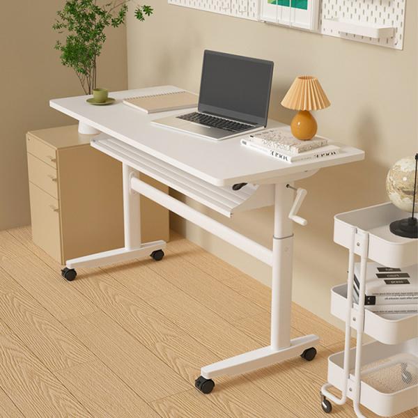 Height Adjustable Manual White Wood PC Game Computer Table for Office Workstation Desk