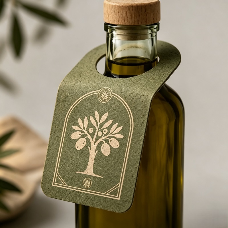 Custom recycled pulp paper olive oil neck tag for artisan cruets