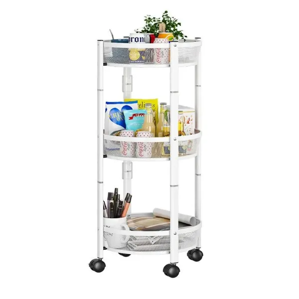 Black and White Floor-standing Round Storage Rack 3-layer Fruit Vegetable Basket Snack with No Installation Required