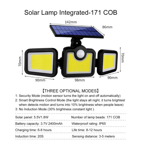 6500K 1.8W Outdoor LED Solar Lamp 270 Wide Angle 3.7V 2400mah