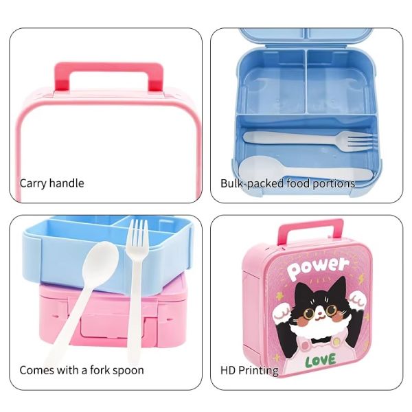 Portable Food Grade Large Capacity Sublimation Plastic Lunch Box With Spoon And Fork For Kids Students Pink And Blue Color