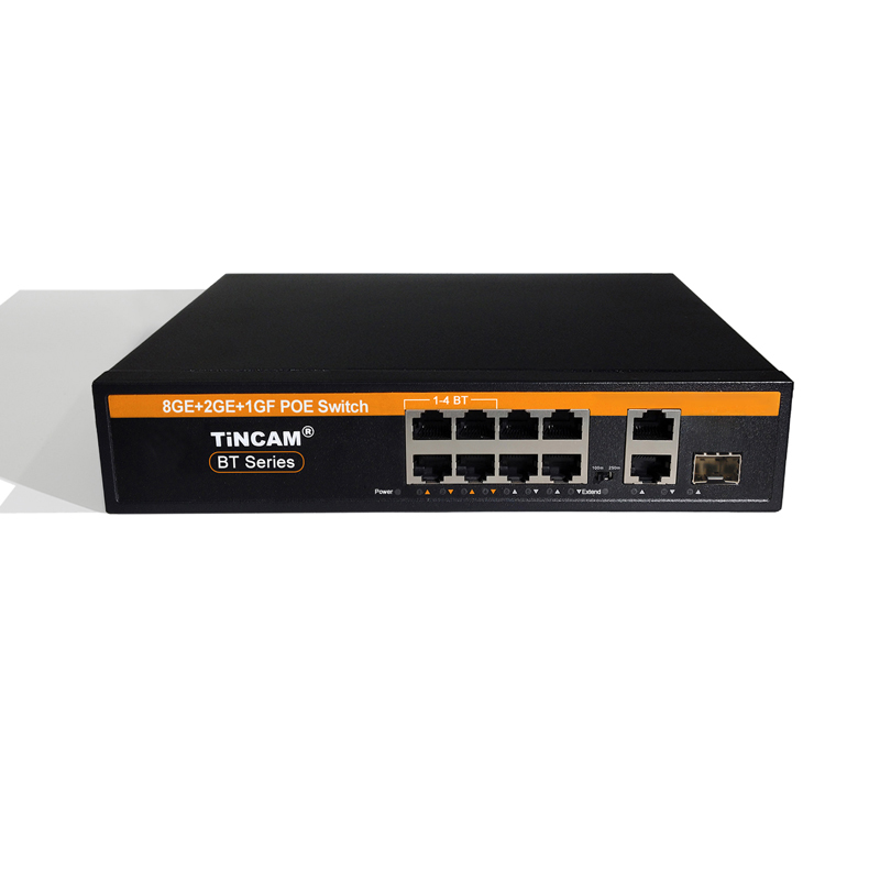 11 Port Gigabit BT PoE Switch 8 PoE++ Ports 2 RJ45 Uplink 1 SFP Uplink IEEE 802.3af at bt AI Watchdog VLAN 250m Extend 200W TBC-PSD5111N20-3PF