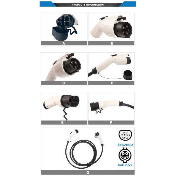 32A Electric Vehicle EV Charging Cable Type1 To Type2 5M AC / DC