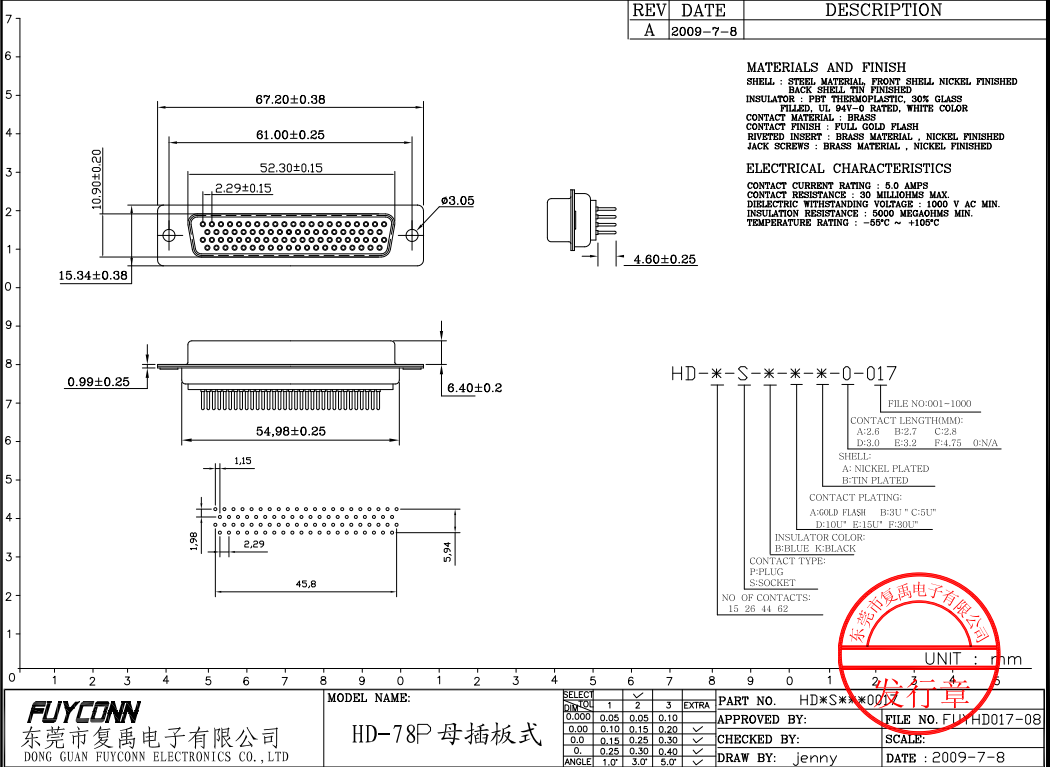 78 тип PCB женского высокого Denisity D-SUB соединителя Pin прямой