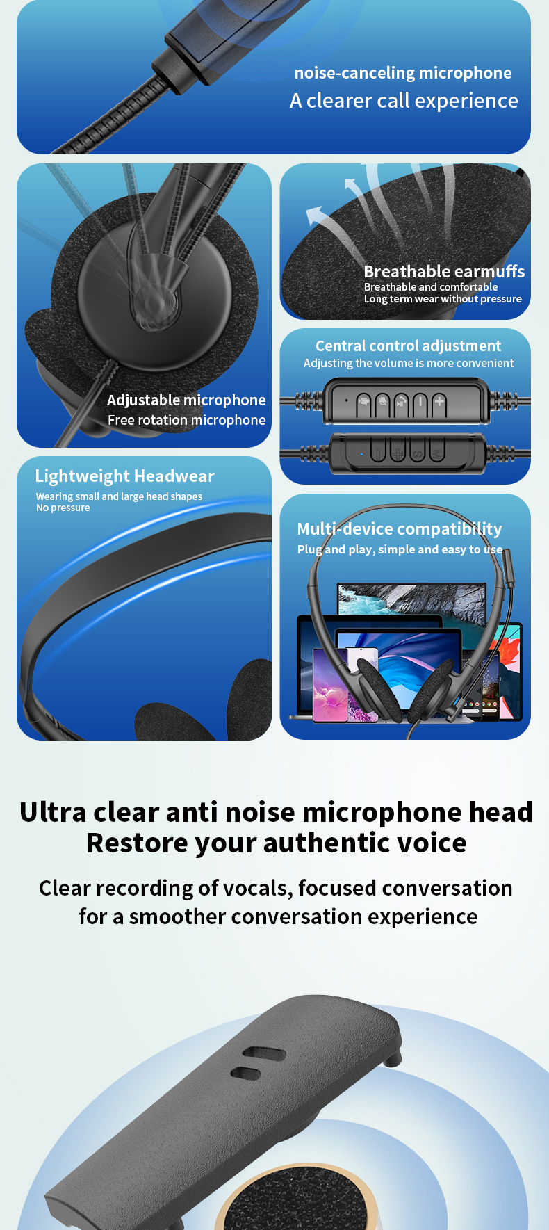 Lightweight wired telephone headset with ENC noise‑cancelling flexible boom microphone. Supports USB, Type‑C & 3.5mm jack, perfect for call centers, remote work, online meetings and classes,OEM & ODM