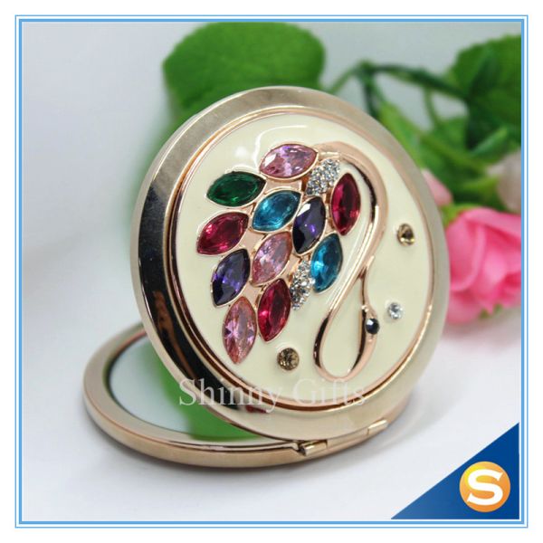 Shinny Gifts Rhinestone Small Metal Mirror For Craft Crystal Round Shape Pocket Mirror