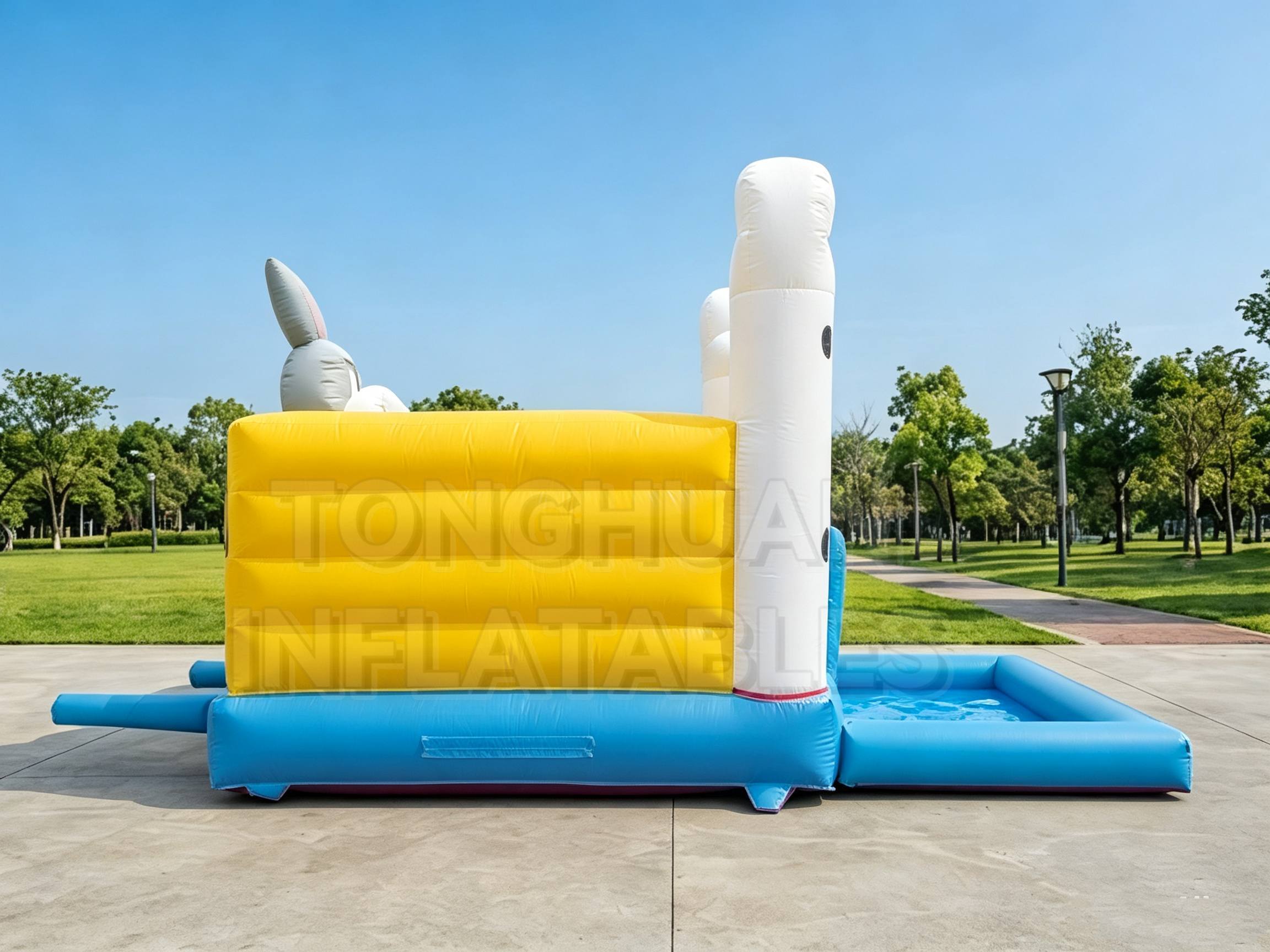 Rabbit Theme Inflatable Bouncer with Cartoon Bunny Head and Bright Colors for Kids Parties Schools and Rentals