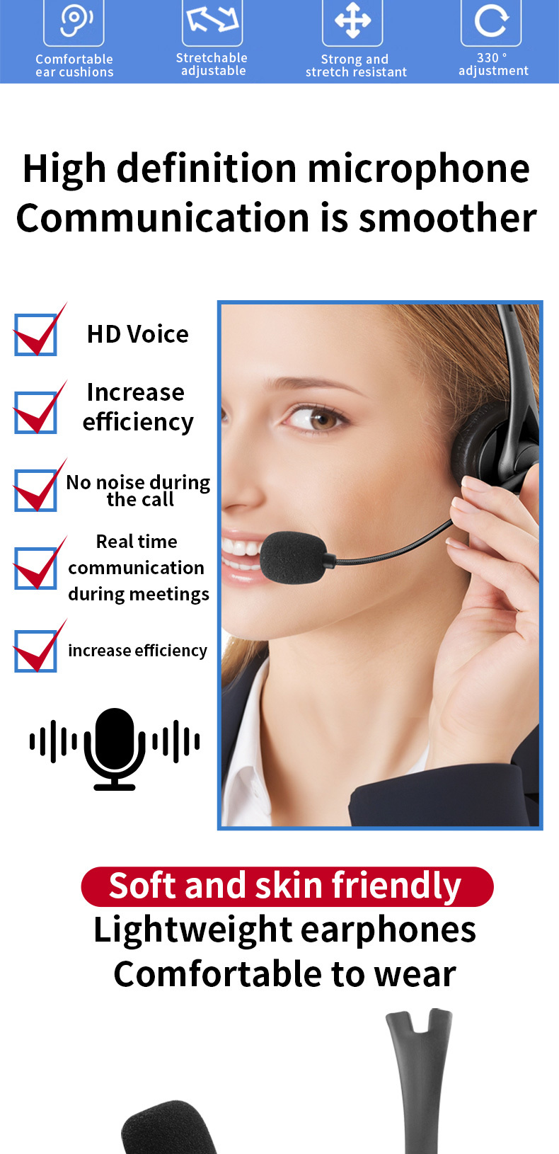 JTY-430 professional call center earphones with microphone, multiple plugs USB/Type-C/3.5mm wired earphones, comfortable to wear earphones, suitable for online learning and business conference calls
