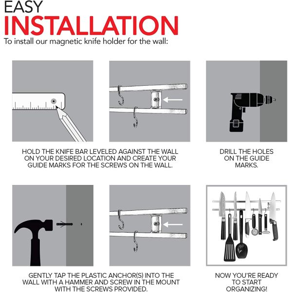 18 дюймов квадратные трубы из нержавеющей стали магнитный нож с 6 крюками для кухонной утвари держатель инструмента организатор