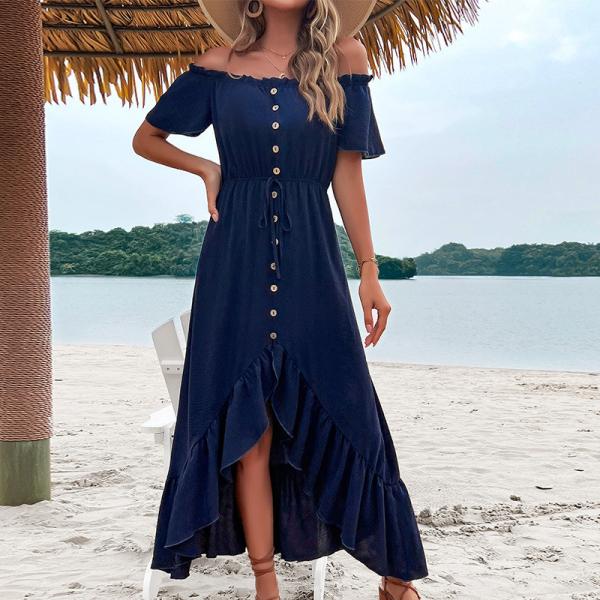                  2023 Summer New Europe and The United States Cross-Border Women′s Solid Color off-Shoulder Irregular Dress             