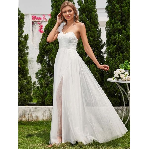 Elegant One-shoulder Sweetheart Ruffled A-line Zipper Pleated High Slit Tulle Pink Bridesmaid Dress