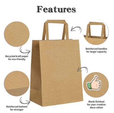 Custom Made Printed Brown Flat Handle Takeaway Fast Food Packaging Kraft Paper Bag Restaurant Carry Bag