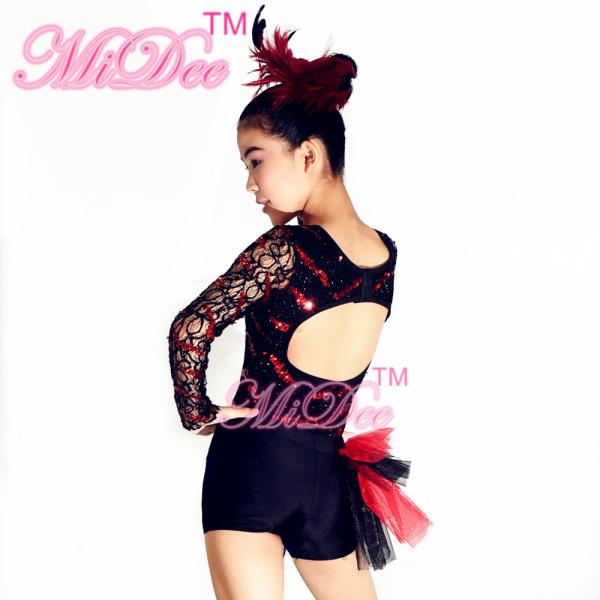 Adult Jazz Costumes Sequined Lace Long Sleeve Leotard Shorts With Side Suttles