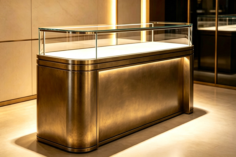 Custom Curved Tempered Glass Stainless Steel Jewelry Display Counter with Lockable Storage for Luxury Jewelry Stores