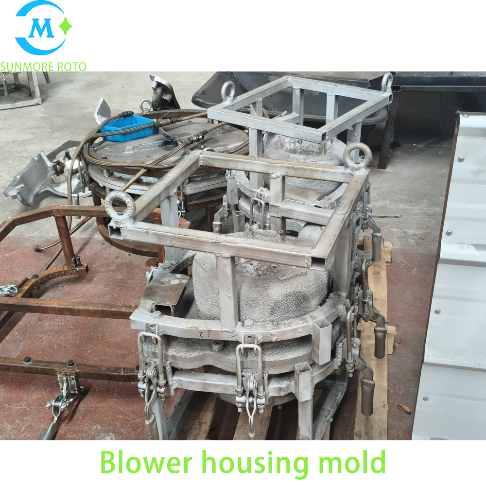 SUNMORE ROTO OEM Custom Cast Steel Rotomolded Blower Housing Mould, Plastic Fan Shell Rotational Mold With Square Integrated Lifting Frame & Quick Toggle Clamps