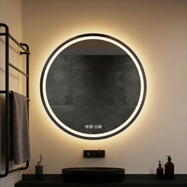 Kingstin Modern Frameless Round LED Smart Mirror | Anti-Fog & Custom Time Display | Luxury Stainless Steel Bathroom Vanity