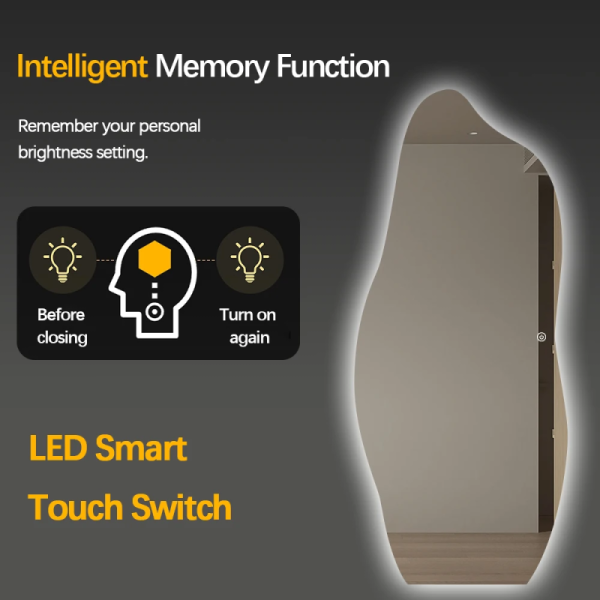 Asymmetrical Shaped LED Backlit Mirror with Touch Sensor Switch and 3000K-6000K Light Color in 5MM Copper-free Silver Mirror