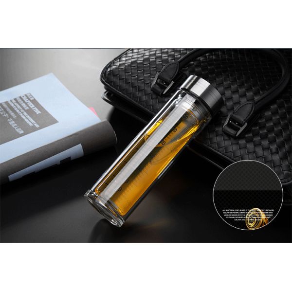 Portable Double Wall Glass Water Bottle With Strainer / Rubber Seal Durable