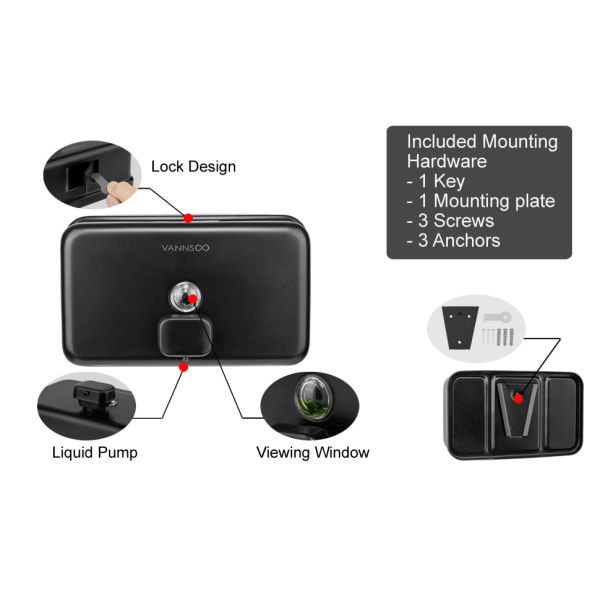 INOVI ZSH12-1200BHF-NEGRO montado en pared industrial de acero inoxidable Dispensador de jabón para manos negro 1200ml