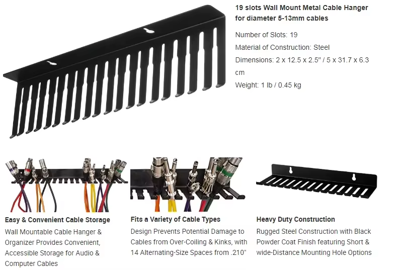 19 Slots 430x89x32mm Hook Wall Mounted Cable Hanger and Organizer