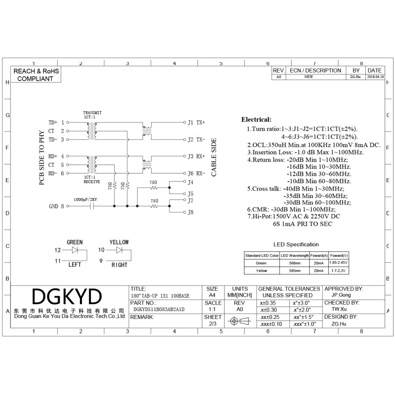 10/100 BASE 180 degree Rj45 Lan Jack vetical insertion ethernet connector factory DGKYD511B083AB2A1D