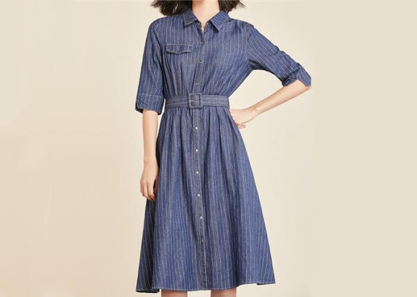 100% Cotton Belted Denim Dress Stripe Denim Button Through Long Skirt Indigo Color