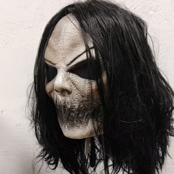 Realistic Sinister Ghoul Mask with Black Wig - Gory Jaw, Blackout Eyes - Halloween, Horror, Zombie Cosplay Costumes, Spooky Display