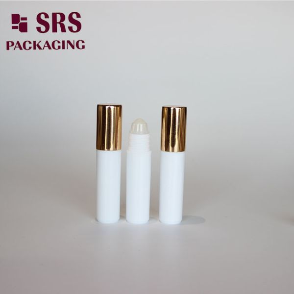 SRS empty cosmetic 5ml white plastic roller bottle with gold aluminum cap