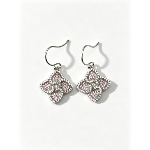 Hot Summer Silver Earrings Sterling CZ Pointy Lucky Four-Leaf Clover Colorful Peach Pink+White CZ Suitable for Casual and Formal Events Dangle Earring Stud Back, Cute Sterling Silver Earrings