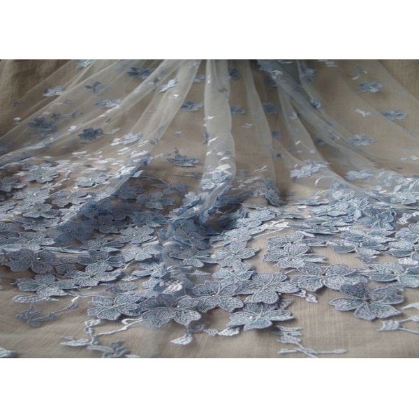 Royal Blue Embroidery Tulle Lace Fabric With 3D Flowers For Haute Couture