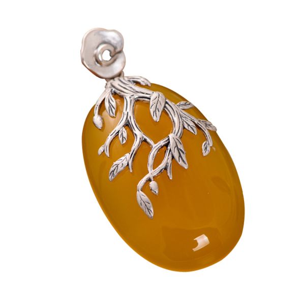 Women Fashion Three Leaves 925 Sterling Silver Synthetic Yellow Chalcedony Pendant Necklace(N808064)