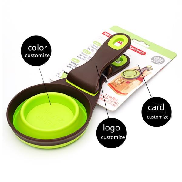 A colher de dobramento de dobramento do alimento da bacia do animal de estimação do silicone pode grampear a colher do alimento para cães do copo de medição da bacia da água do saco da grão