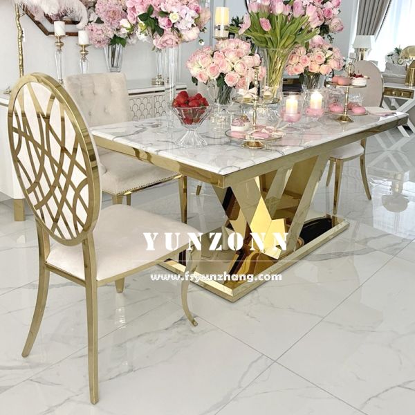 Luxury Gold Dining Table with White Marble Top OEM Furniture for Hotel Restaurant for Banquets Living Room Use Metal Material