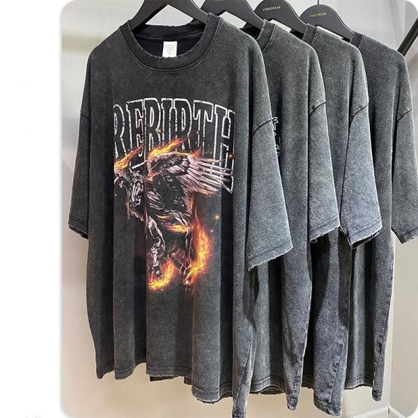 Etiquetas personalizadas T-shirts masculinos de algodão pesado Impressão gráfica lavagem ácida T-shirt vintage