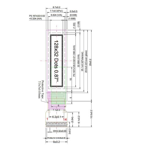 0.87 Inch I2c Oled Display Small Oled Screen 128*32 Resolution 14 Pins Driving IC SSD1316